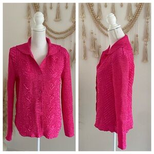 Vintage hot pink crinkle silky button down shirt jacket plisse Valentines Day M